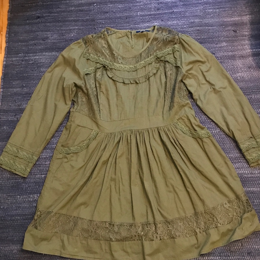 Vintage ASOS Curve Khaki Green Dress with Lace & Eyelet. 22US/26UK